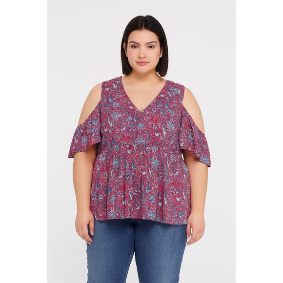 Lucky Brand Cold Shoulder Floral Print Boho Blouse - Size Large NWOT - Picture 1 of 6